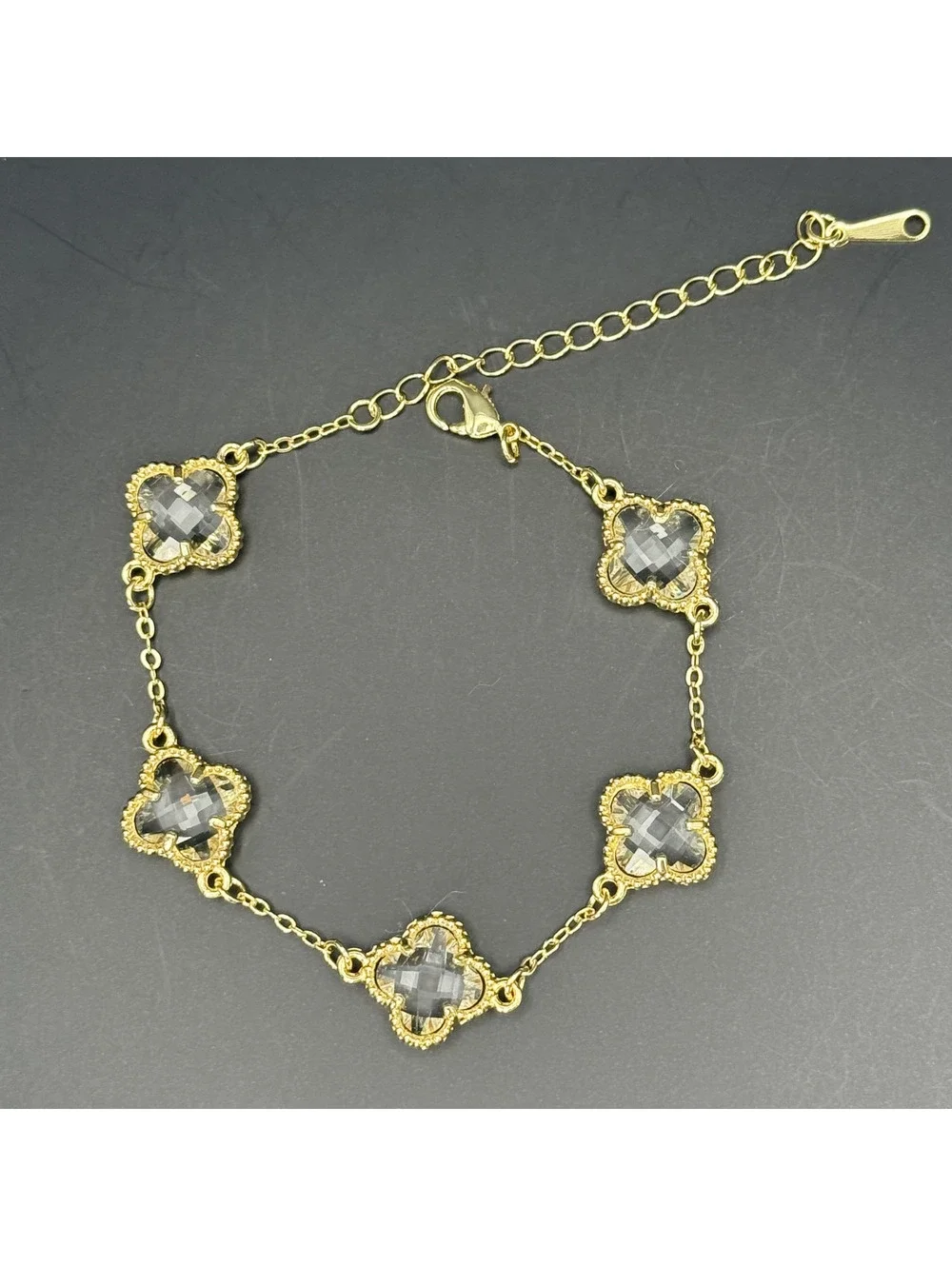 candy+clover clear clover crystal gold tone station bracelet